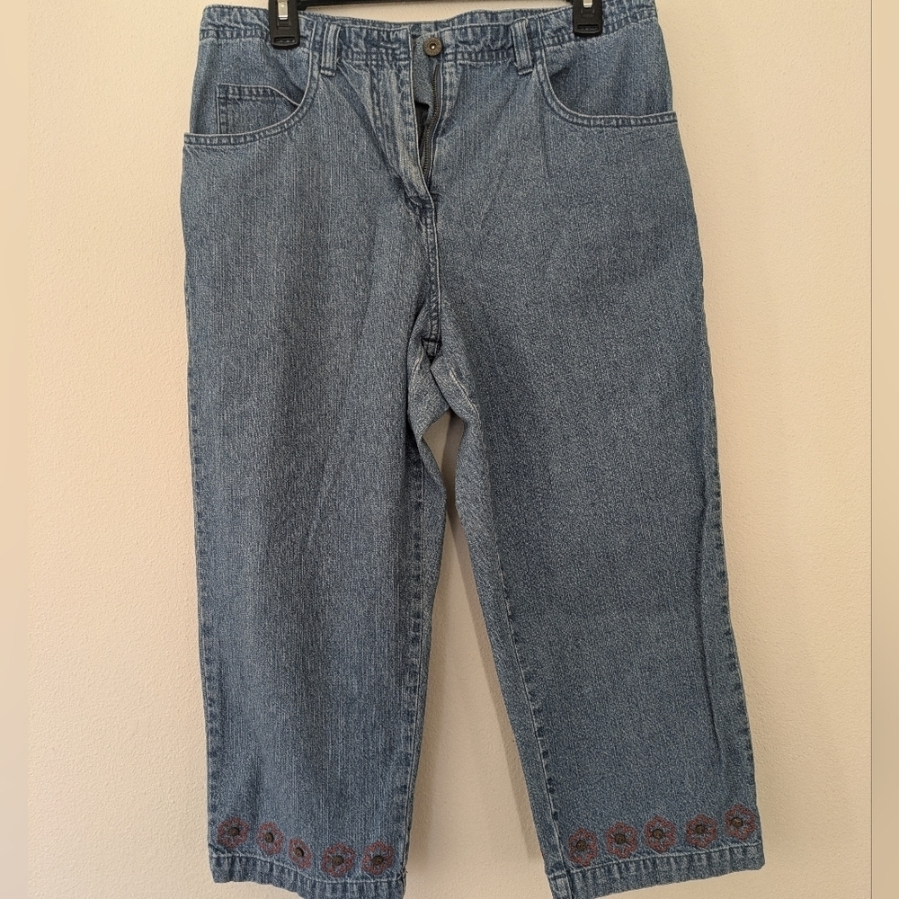 Vintage Y2K Embroidered Floral Denim Straight Leg Crop Jeans sz 10 90s Mom Retro